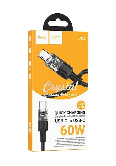 Hoco U129 Transparan 60w Type-c To Type-c Data Ve Şarj Kablosu 1m Siyah