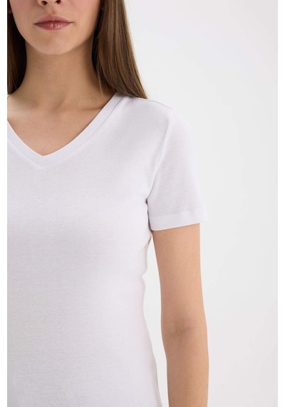 DeFacto 	Slim Fit Dar Kesim V Yaka Ribana Basic Düz Kısa Kollu Beyaz Tişört I1080AZ25SPWT34
