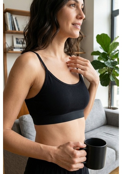 Mataş Kadın İnce İp Askılı Pedli Pamuklu Büstiyer Crop Bralette Siyah
