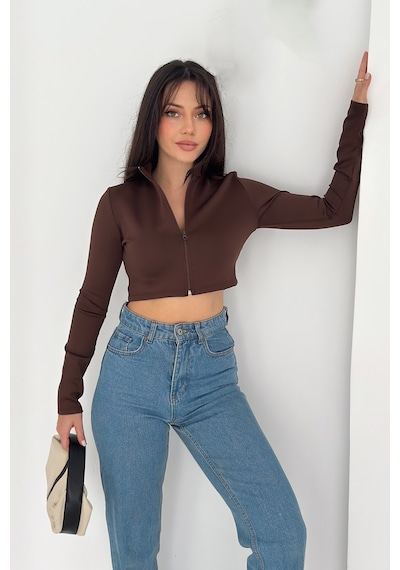 Kadın Fermuarlı Crop Ceket Dinamik & Modern Stil Kahverengi