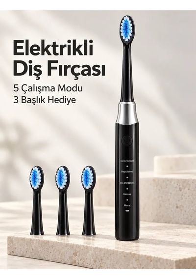 Hassas Ve Masaj Modlu Siyah Elektrikli Diş Fırçası Usb Şarjlı 3 Başlık Hediyeli
