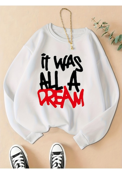 Startmore Startmorekadınlar Rahat Rahat Kazak Oldu Bir Rüya Baskılar Kazak Moda Sıcak Giyim Gevşek Crewneck Pola Beyaz