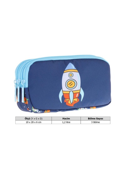 Kaukko Kids Mavi Lacivert, Roket Baskılı, Erkek Çocuk Üç Bölmeli Okul Kalem Çantası - L8260 Mavi - Lacivert