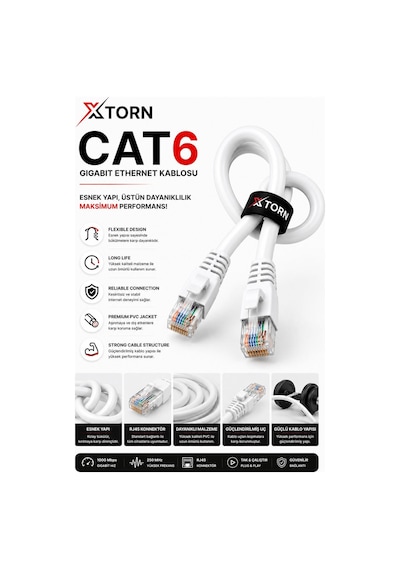 Torn Cat6 Ethernet Kablosu 1 Metre Rj45 Lan İnternet Modem Router Bilgisayar Kablosu