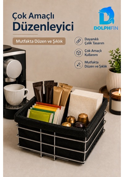 Çok Amaçlı Metal Ekmek Sepeti Kumaş İç Kaplamalı Kare 21x21 Cm Siyah