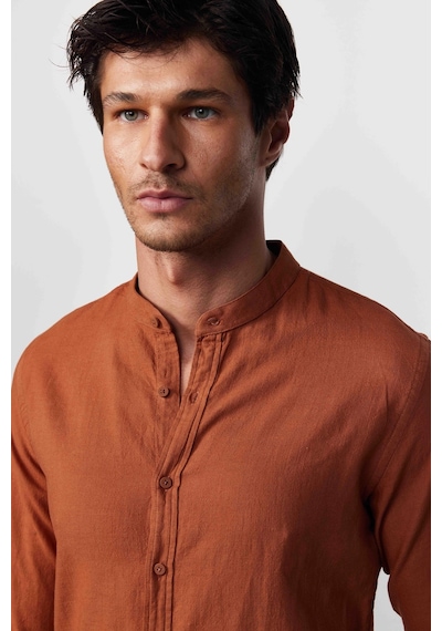 Tudors Slim Fit Dar Kalıp Uzun Kol Hakim Yaka Pamuklu Keten Efekt Kiremit Gömlek-28837-kiremit Kiremit