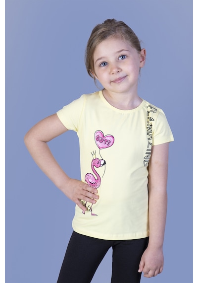 Toontoy Kids Toontoy Kız Çocuk Flamingo Desenli Taş İşlemeli Baskılı Tişört Sarı