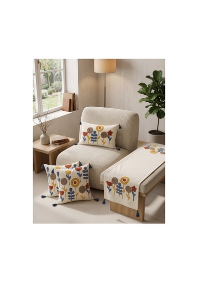 Flora Garden 4 Lü Punch Nakışlı Kırlent & Runner Seti 2 Kare + 1 Dikdörtgen Kırlent Kılıfı + 1 Runner Amerikan Servis Mavi