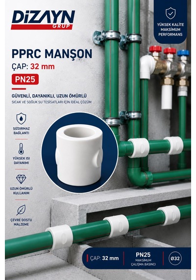 Dizayn Pprc Manşon 32 Mm 50 Adet Pn25 Temiz Su Tesisat Ek Parçası