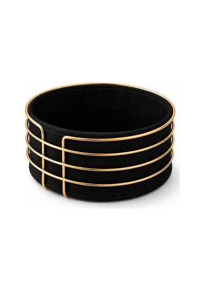 Gold Detaylı Galvaniz Metal Bezli Yuvarlak Ekmek Sepeti 22x11 Cm Yıkanabilir Kumaşlı Modern Şık Sunumluk Siyah