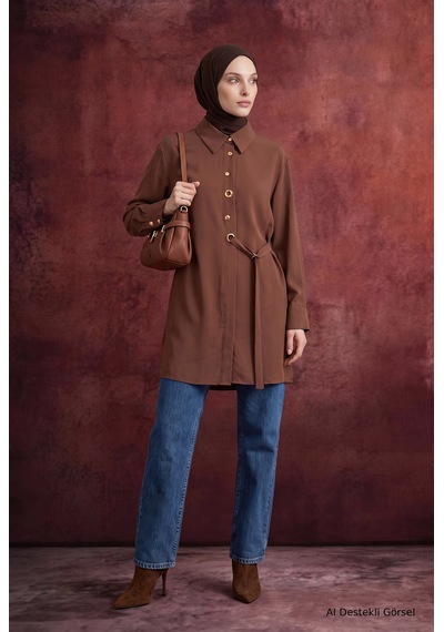 Armine Trend Gömlek Yaka Kuşgözü Detaylı Kuşaklı Tunik 91 Cm Boy Camel 26kt431