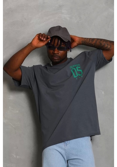 Unisex Oversize Baskılı Bisiklet Yaka T-shirt - Füme Füme