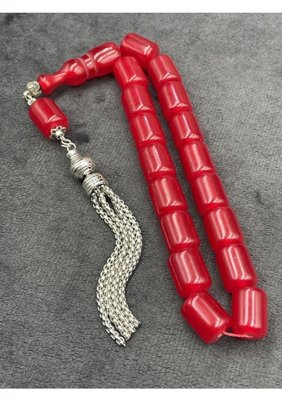 Efe Boy Alpaka Zincir Püsküllü Vişne Kırmızı Sıkma Kehribar Tesbih 11x14 Mm