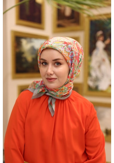 Silk Home Olinda İpek Eşarp 47002-34 Gri, Parlak Turuncu, Yeşil, Leylak, Mercan