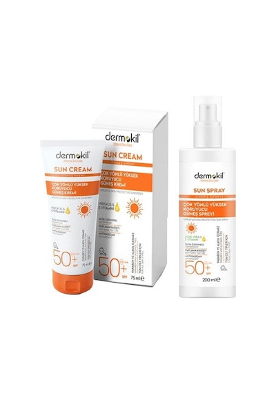 Dermokil Çok Yönlü Yüksek Koruyucu Güneş Kremi SPF50+ 75 ML + Aloe Vera Güneş Spreyi 200 ML