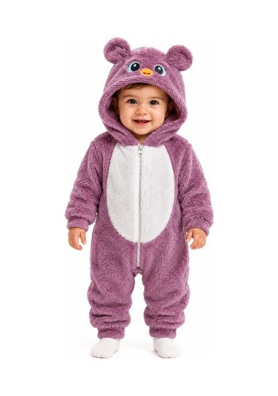 Chicsy Baby Tatlı Kız Bebek Welsoft Tulum Kuş Civciv Nakışlı Kulaklı Kapüşonlu Fermuarlı Peluş Kışlık Bebek Tulumu Mor
