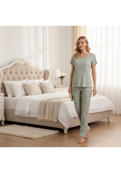 Bonbon Kadın Jakarlı Açık Yeşil Renk Çiçek Desenli 3'lü Set Pijama Takımı Bb2312 Yeşil