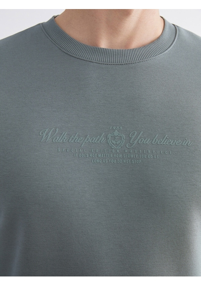 Lcwaıkıkı Classic Yeşil Standart Kalıp Bisiklet Yaka Baskılı Erkek Kalın Sweatshirt