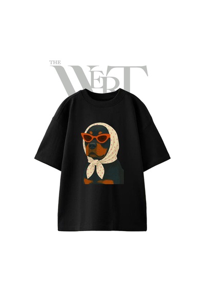 Thewert Rottweiler Scarf Glasses Tasarım Baskılı Ünisex Siyah Oversize T-shirt