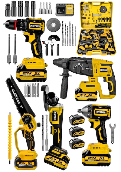 Steiner 21v Darbeli Kömürsüz 5'li Set Kırıcı Delici Hilti - Somun Sıkma Sökme - Testere - Matkap - Vidalama Sarı
