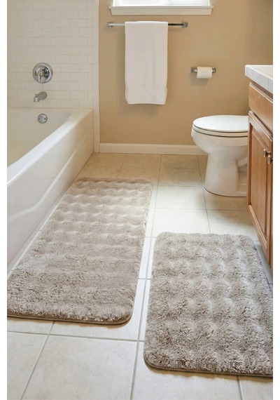 2 Li Peluş Bubble Banyo Paspas Seti 60x100+50x60 Cm Kaymaz Lateks Taban, Yumuşak Yüzey, Yıkanabilir Vizon