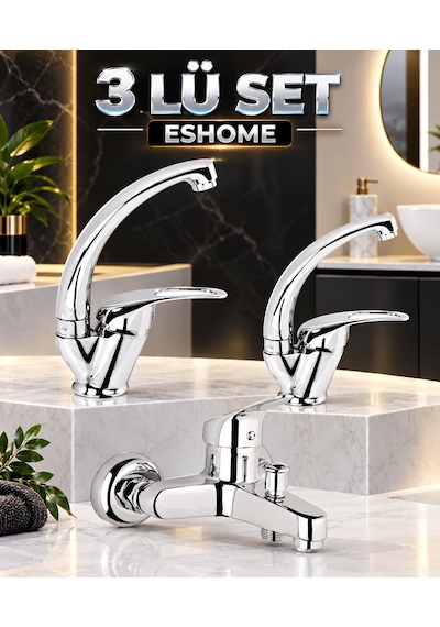 Homees 3 Lü Mutfak Banyo Lavabo Bataryası Seti Gri Krom