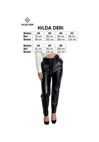 Hilda Deri Deri Kemerli Yan Cepli Hakiki Kuzu Derisi Siyah Pantolon Almira 001