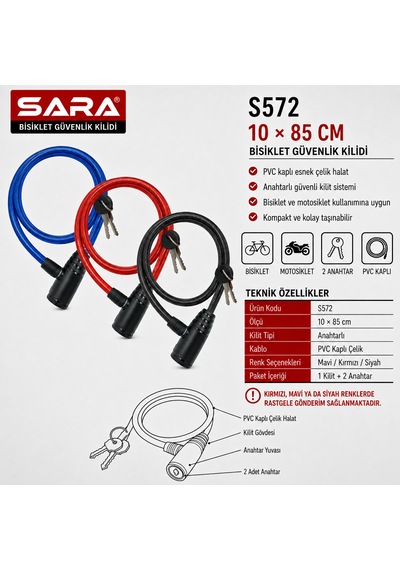 Sara S572 Bisiklet Güvenlik Kilidi 85 Cm, Anahtarlı, Pvc Kaplı Çelik Halat, 2 Anahtar Siyah - Kırmızı