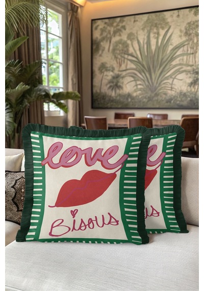 Love Dudak Motifli Saçaklı Yastık Kılıfı - Romantik Pop Art Krem Yeşil Gri Püsküllü Kırlent Kılıfı Beyaz