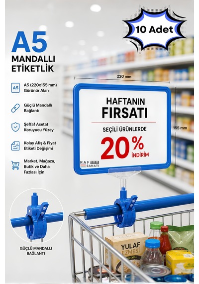 10 Adet - A5 Mandallı Etiketlik Fiyatlık Sepet Raf Askılık Fiyat Etiketi Çerçeveli Market Mağaza Mavi