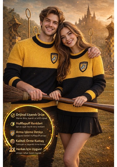 Harry Potter Hufflepuff Quidditch Kazak Lisanslı Sarı Siyah Örme Sweatshirt Unisex - Xs Beden