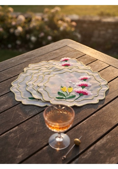 Fleur Embroidered Kokteyl Peçetesi-white