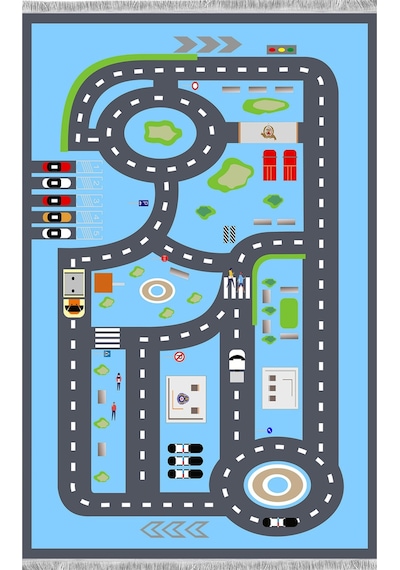 Mavi Ve Gri Renk Şeritli Yol Çocuk Odası Halısı Mavi