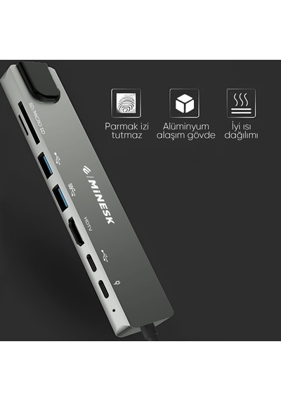 Usb-c Hub Laptop Ve Macbook İle Uyumlu Usb Çoklayıcı / 1x Hdmı / 1x Ethernet / 2x Usb 3.0 / 1x Sd Card / 1x Micro Sd Card / 2x Usb -c/çevirici Adaptör 8-in 1 Multi Hub