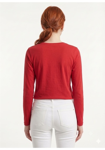 Neden Tekstil Kadın Kırmızı Uzun Kollu Baskılı Basic T-shirt