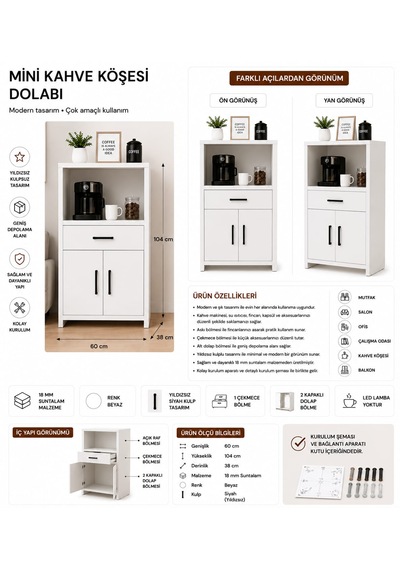 Mini Kahve Köşesi Dolabı Beyaz