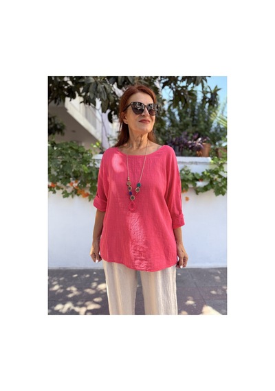 Denizege İtalyan Pamuk - Keten Dokulu Kolyeli Bluz Pembe Pembe
