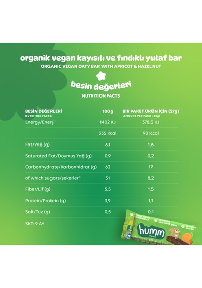Hummorganic Organik Vegan Kayısılı ve Fındıklı Yulaf Bar Atıştırmalık Paketi - 6 adet