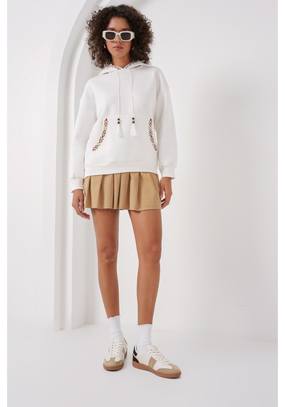 Bigdart 55443 Nakışlı Oversize Sweatshirt - Beyaz