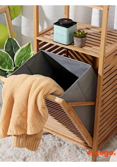 Bambu 2 Raflı Kirli Sepeti, Çok Amaçlı Banyo Düzenleyici, Çamaşır Sepeti Organizer, Raf Bambu