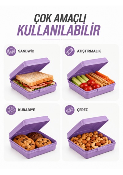 Beylini 2li Beslenme Kutusu Kilitli Klipsli Açılmaz Kapaklı Beslenme Kabı Sandviç Saklama Kutusu Okul Kreş Ofis Piknik Çocuk Yetişkin Saklama Kutusu Mor
