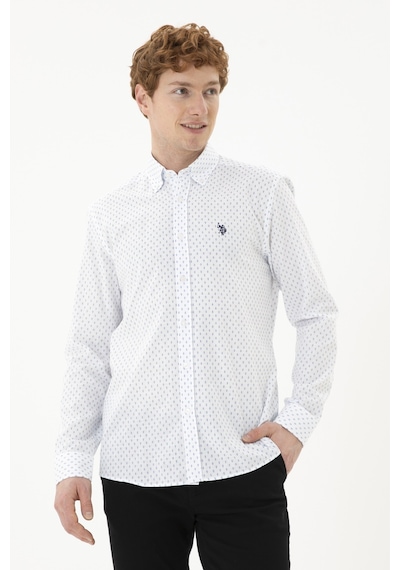 U.S. Polo Assn. Erkek Mavi Baskılı Beyaz Gömlek 50288677-VR036
