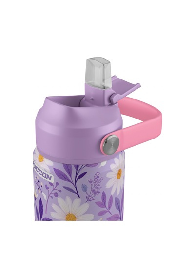 Puccon 540 Ml Papatya Desenli Beyaz - Lila Kız Çocuk Pipetli Çelik Termos Matara/suluk - 60057