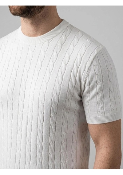 Erkek Yazlık Triko Dokuma Tişört Kısa Kol Bisiklet Yaka Örgü Desenli T-shirt - Beyaz
