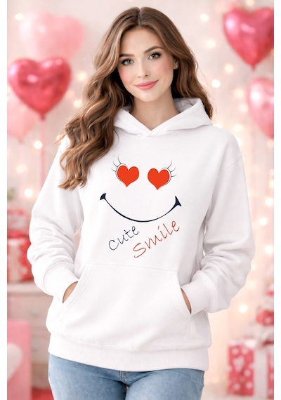 Stil X Sevgililer Gününe Özel, Kapüşonlu Kadın Sweatshırt, Valentıne's Day Beyaz-5
