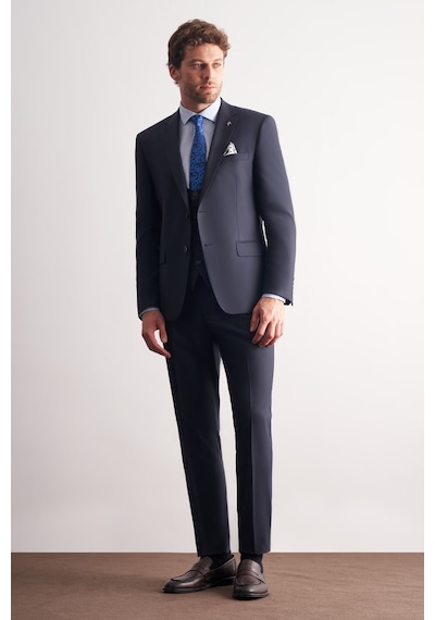 İmza Lacivert Mono Yaka Yelekli 6 Drop Slim Fit Tam Astar Esnek Takım Elbise 1001260186 Basic Lacivert
