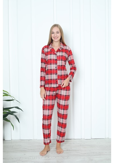 Wordex Mr 3707 Boydan Düğmeli Soft Süet Kışlık Kareli Kadın Pijama Takımı Kırmızı