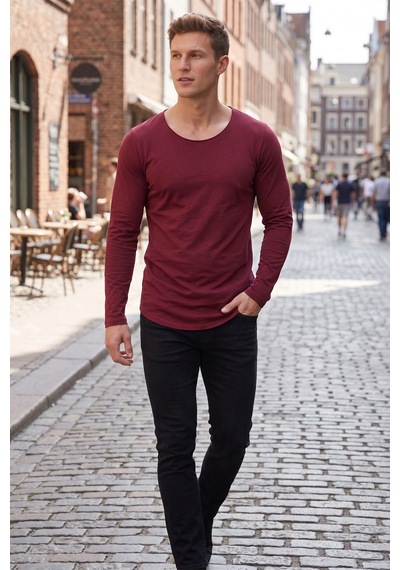 Rizzup Erkek Bordo %95 Pamuk Slim Fit Kesik Açık Yaka Likralı Penye Sweatshirt Oval Kesim 2602299