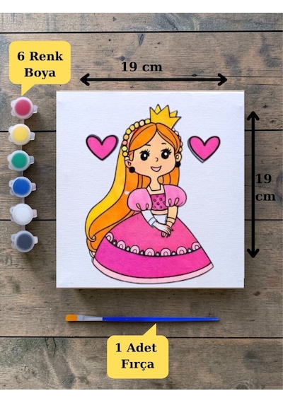 Tuval Boyama Sevimli Prenses Baskılı Aktivite Seti 19x19 Cm Tuval, Fırça Ve 6 Renk Akrilik Boya Seti