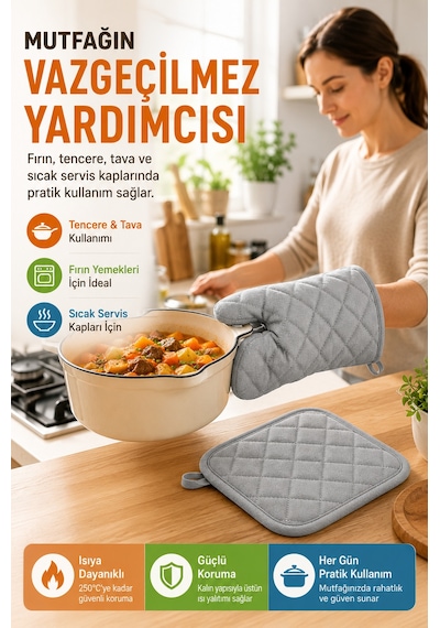 Gri Fırın Eldiveni Ve Tutacak Seti Isıya Dayanıklı Kapitone Mutfak Eldiveni Fırın Tutacağı Gri Renk.